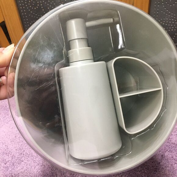 3 Pc Bathroom Set Gray Soap Dispenser Toothbrush Holder Trash Can Dorm room - Picture 3 of 6